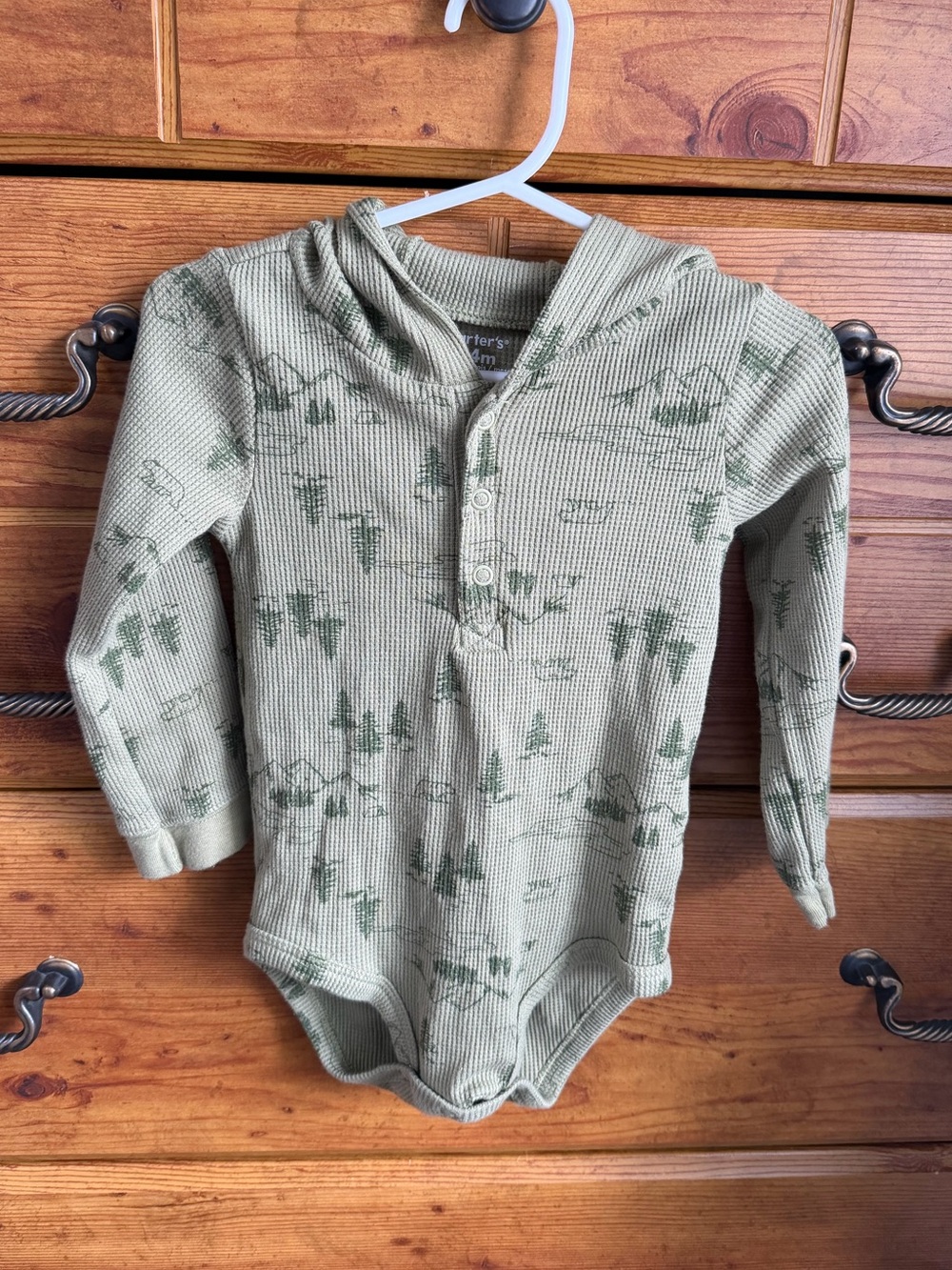 Carter's Olive Green Waffle Knit Hooded Bodysuit with mountains & trees size 24m